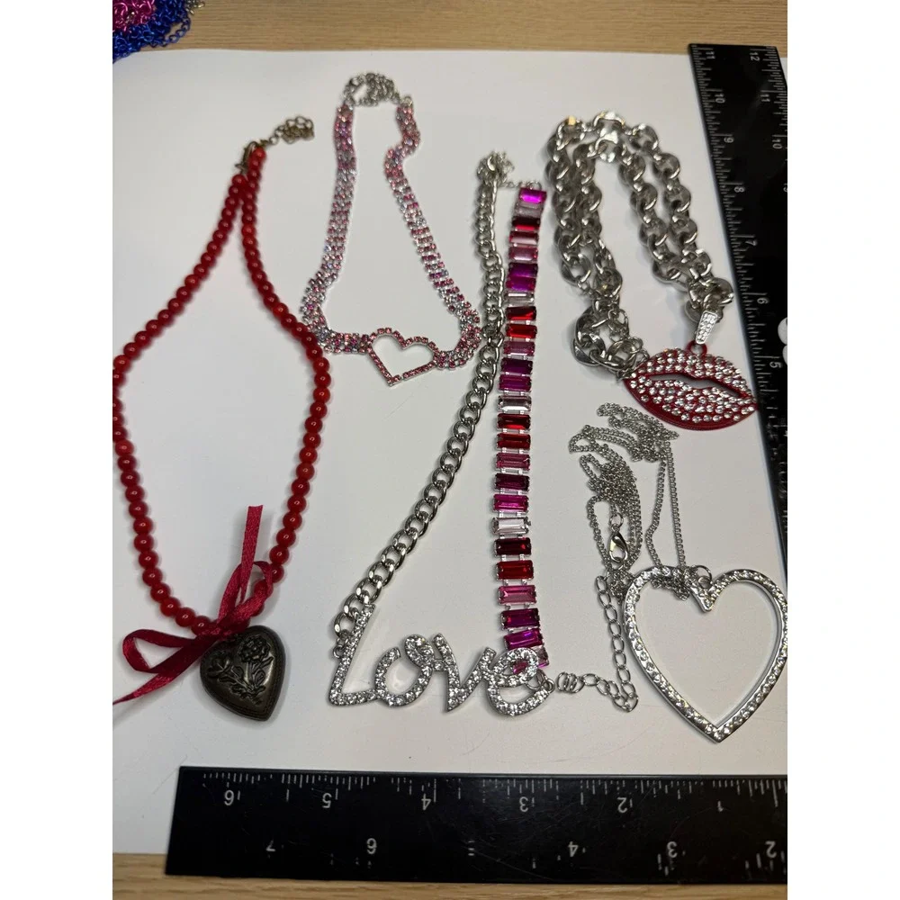 6pc Romantic Jewelry Lot Rhinestone Heart Love Lips Locket Necklaces Red Pink